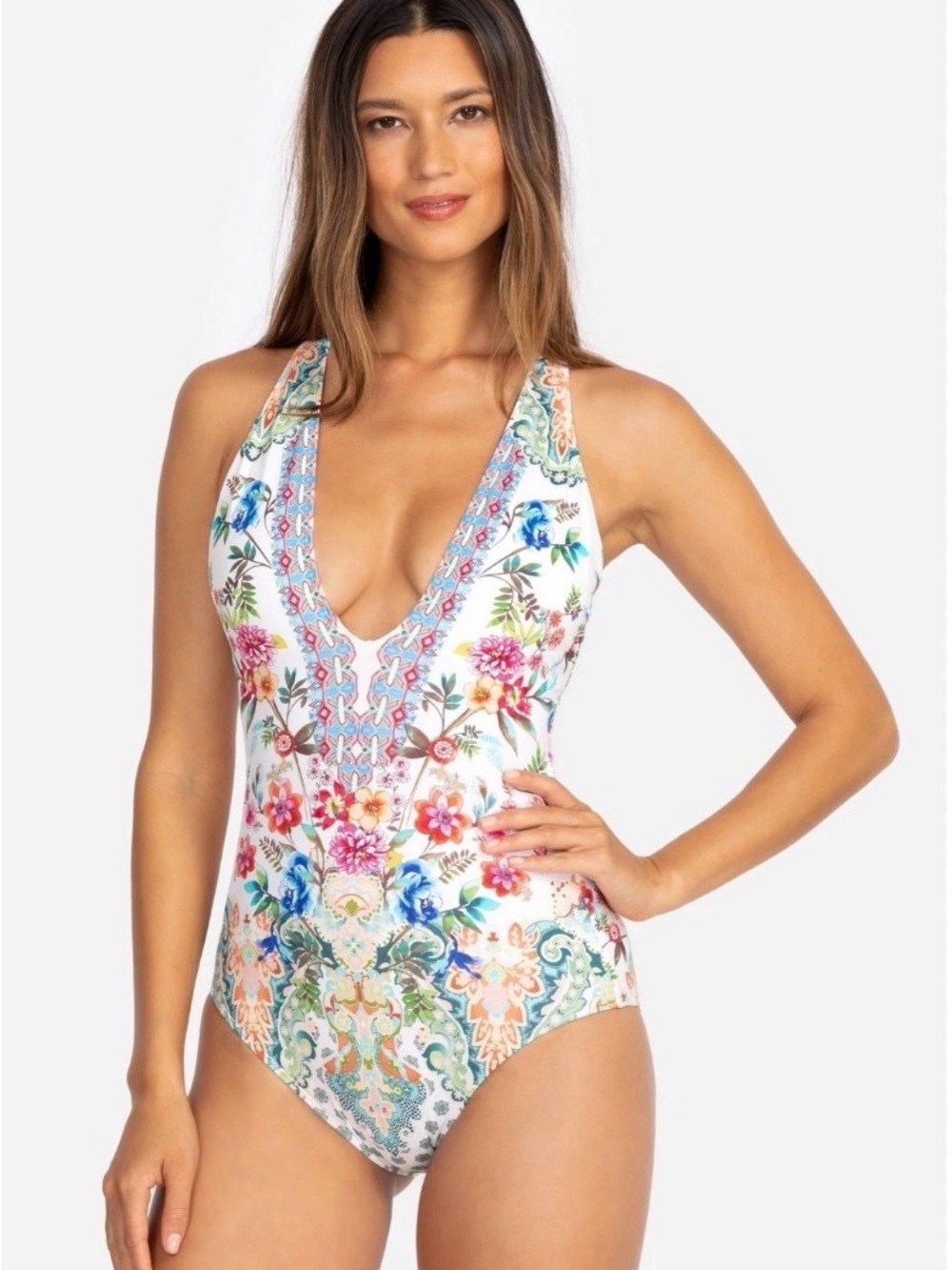Johnny Was Dreamer White Floral V-Neck One-Piece Swimsuit